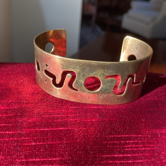 Vintage Modernism Wide Cuff Brass Cut Out Fluid Men’s Bracelet - 1970s